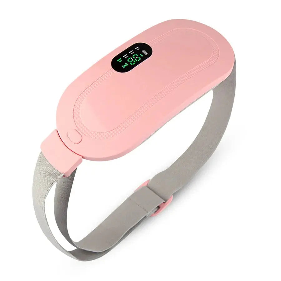 Pink digital fitness tracker with gray strap on a white background